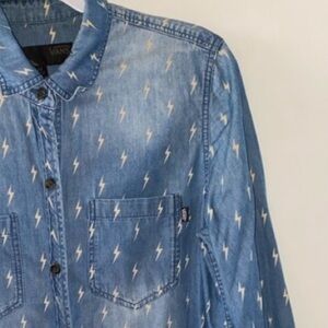 Vans Blue Denim Button-Up Shirt with White Lightning Bolt Print